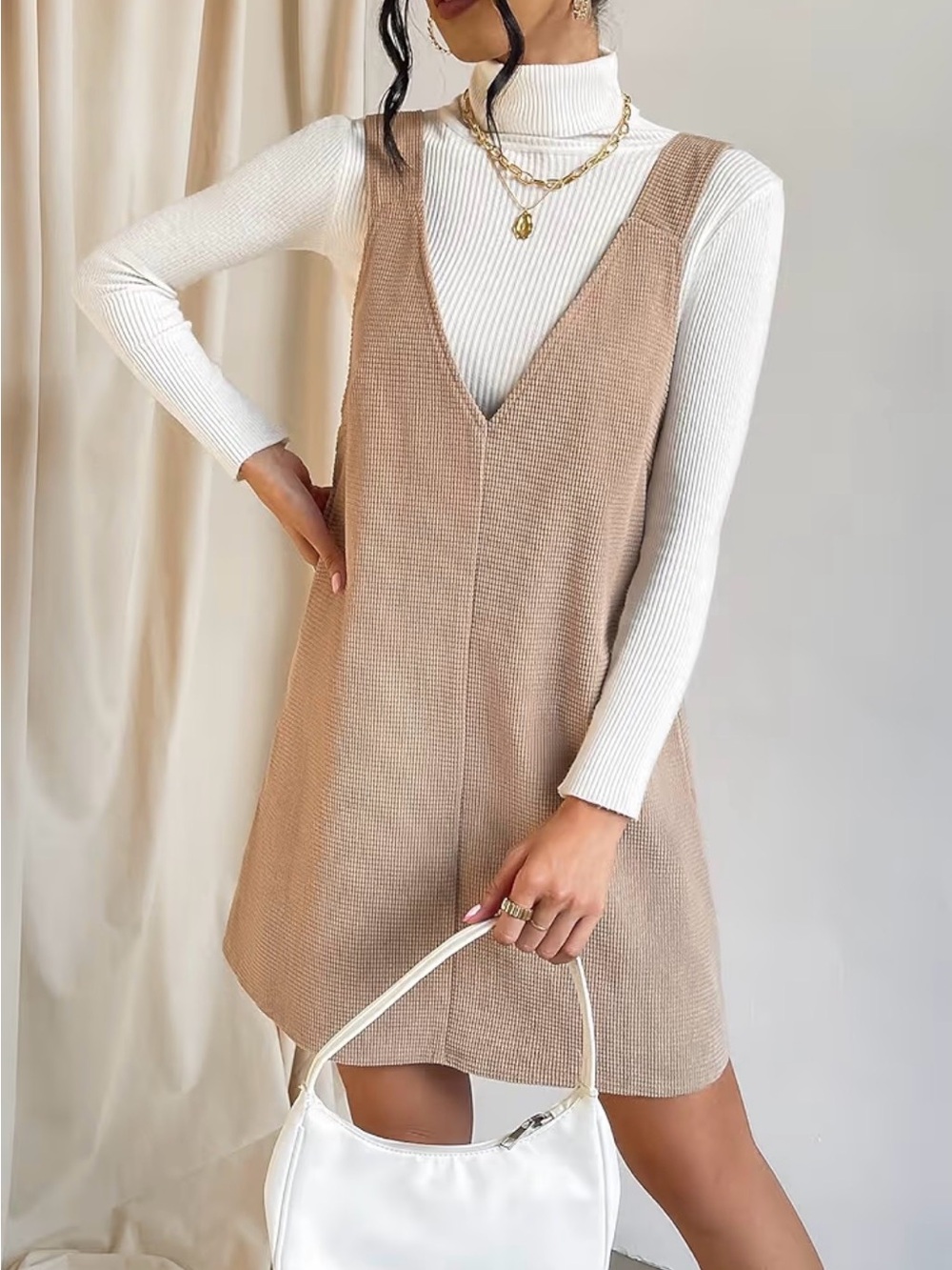 Beige V-Neck Sleeveless Mini Dress - Neutral Layering Dress